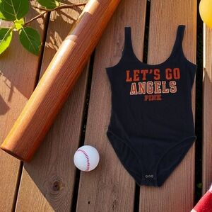 PINK Victoria's Secret / Angels Womens Navy Bodysuit with Orange and Red Print